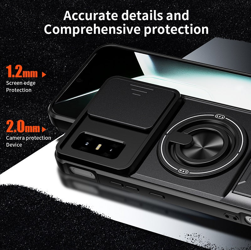 Luxury Slide Camera Lens Cover Case for Infinix GT 30 Pro 5G, Built-in Ring Stand and Folding Stand Magnetic Protective Case