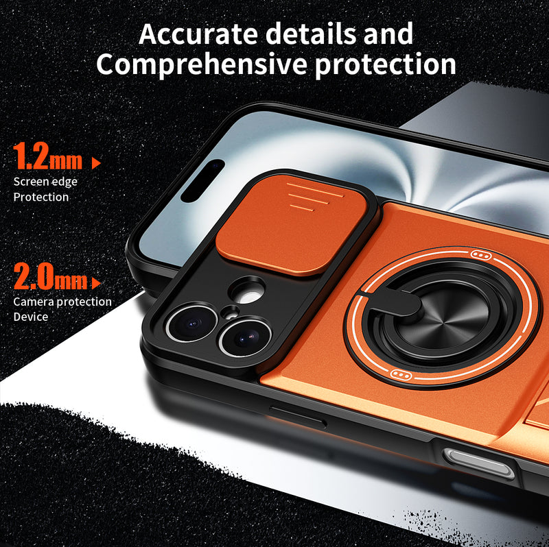 Luxury Slide Camera Lens Cover Case for iPhone 16 Plus, Built-in Ring Stand and Folding Stand Magnetic Protective Case