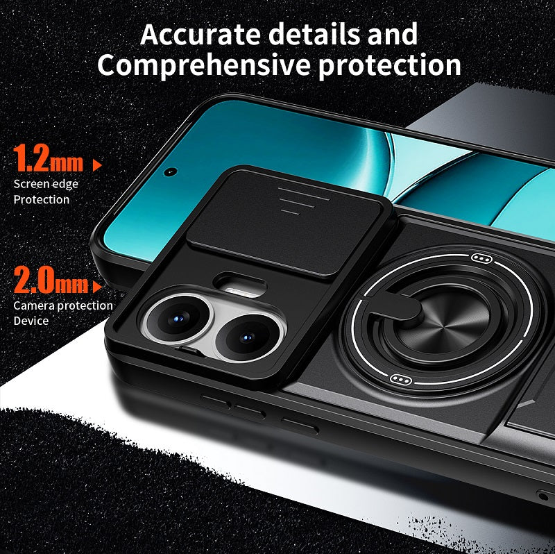 Luxury Slide Camera Lens Cover Case for Xiaomi Redmi Turbo 4 Pro/Poco F7, Built-in Ring Stand and Folding Stand Magnetic Protective Case