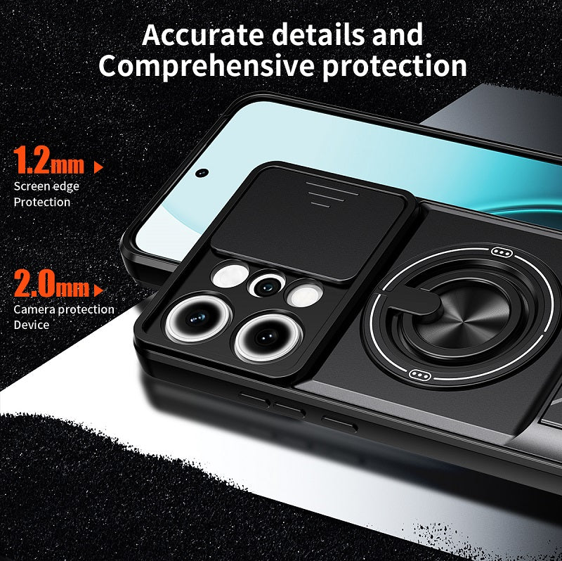 Luxury Slide Camera Lens Cover Case for OPPO Reno 14 Pro 5G, Built-in Ring Stand and Folding Stand Magnetic Protective Case