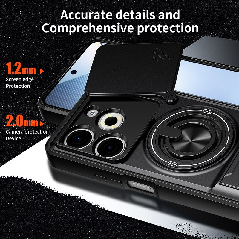 Luxury Slide Camera Lens Cover Case for Tecno Pova 6 Neo 4G, Built-in Ring Stand and Folding Stand Magnetic Protective Case