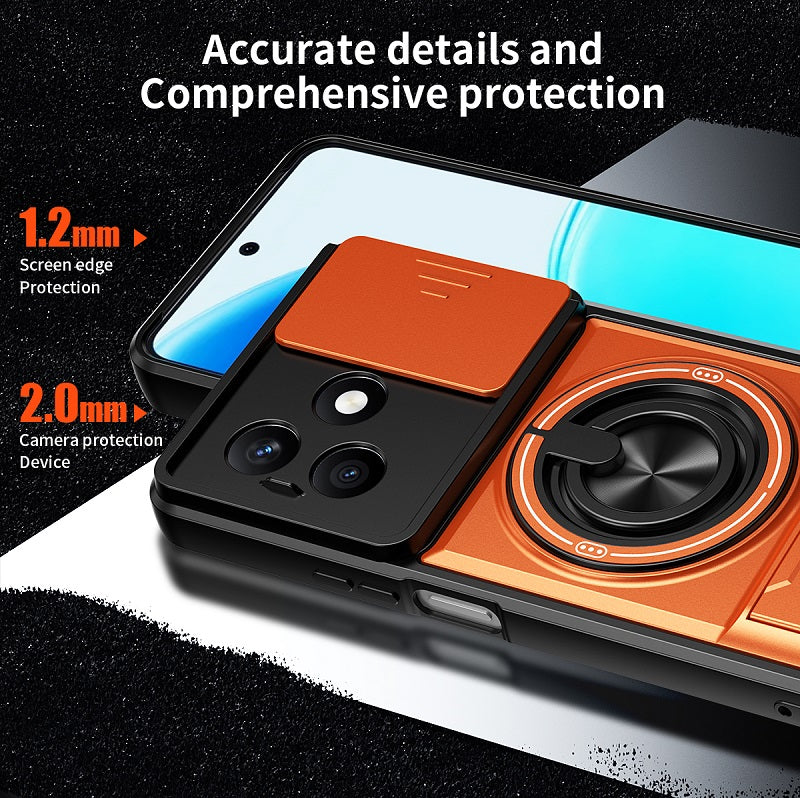 Luxury Slide Camera Lens Cover Case for Honor X8D, Built-in Ring Stand and Folding Stand Magnetic Protective Case