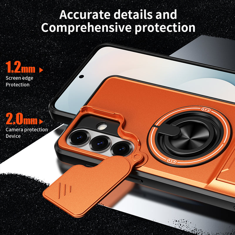 Luxury Slide Camera Lens Cover Case for Samsung Galaxy S26 Plus, Built-in Ring Stand and Folding Stand Magnetic Protective Case