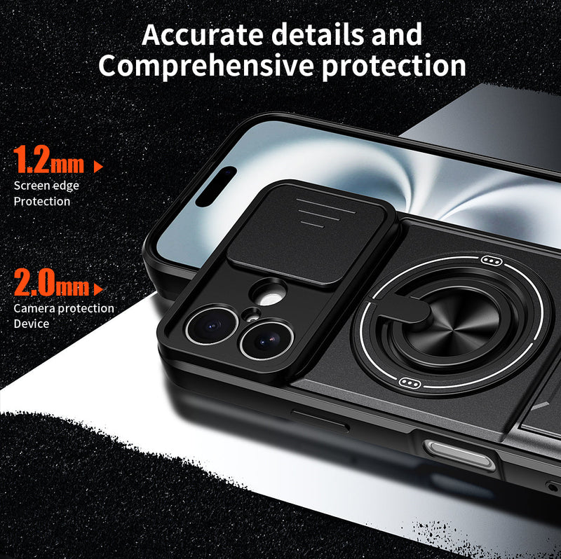 Luxury Slide Camera Lens Cover Case for iPhone 16, Built-in Ring Stand and Folding Stand Magnetic Protective Case
