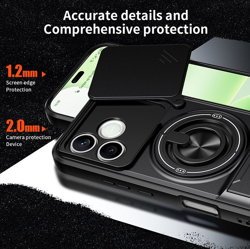 Luxury Slide Camera Lens Cover Case for Honor 600 Lite, Built-in Ring Stand and Folding Stand Magnetic Protective Case