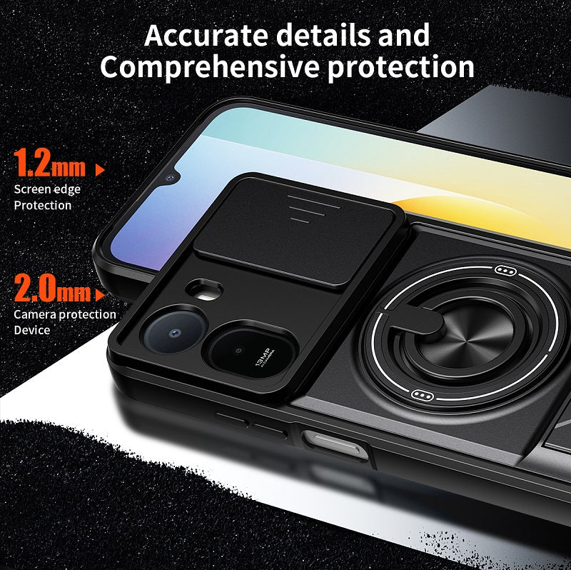 Luxury Slide Camera Lens Cover Case for Xiaomi Redmi A7 Pro 4G, Built-in Ring Stand and Folding Stand Magnetic Protective Case