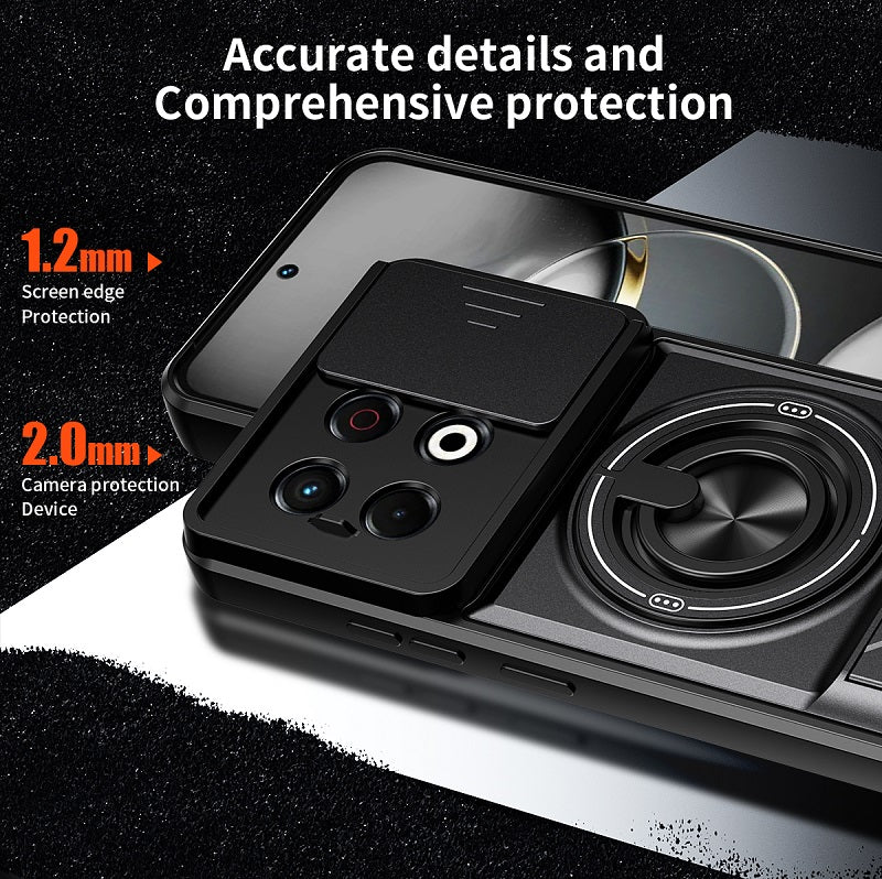 Luxury Slide Camera Lens Cover Case for Tecno Spark 30 Pro 4G, Built-in Ring Stand and Folding Stand Magnetic Protective Case