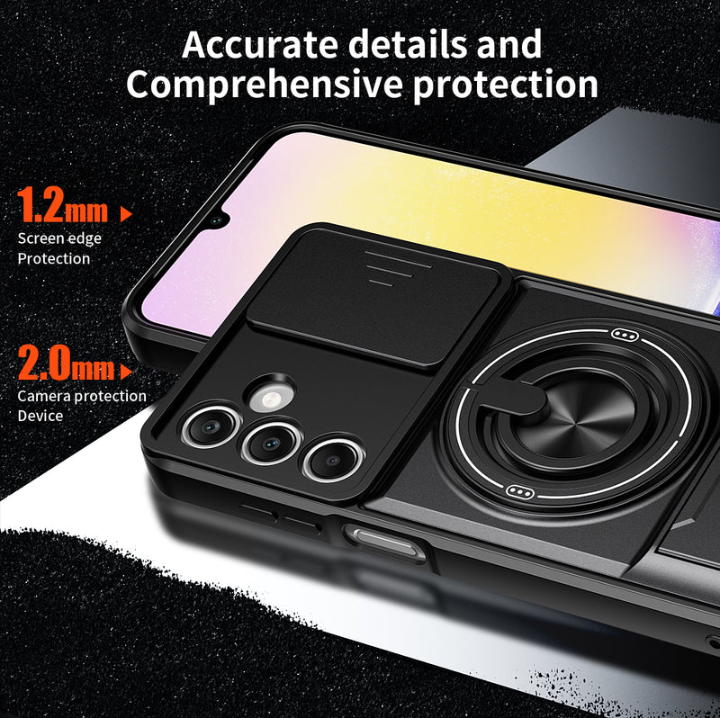 Luxury Slide Camera Lens Cover Case for Samsung Galaxy A25 5G, Built-in Ring Stand and Folding Stand Magnetic Protective Case
