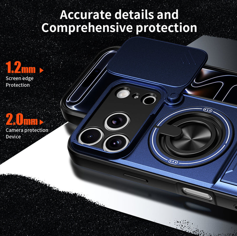 Luxury Slide Camera Lens Cover Case for iPhone 17 Pro, Built-in Ring Stand and Folding Stand Magnetic Protective Case