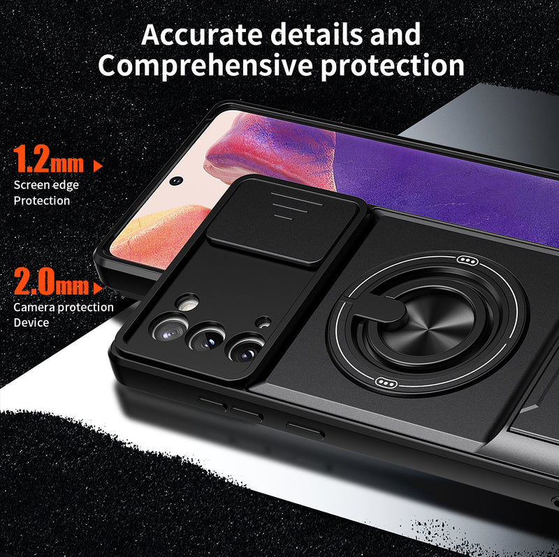 Luxury Slide Camera Lens Cover Case for Samsung Galaxy Note 20, Built-in Ring Stand and Folding Stand Magnetic Protective Case