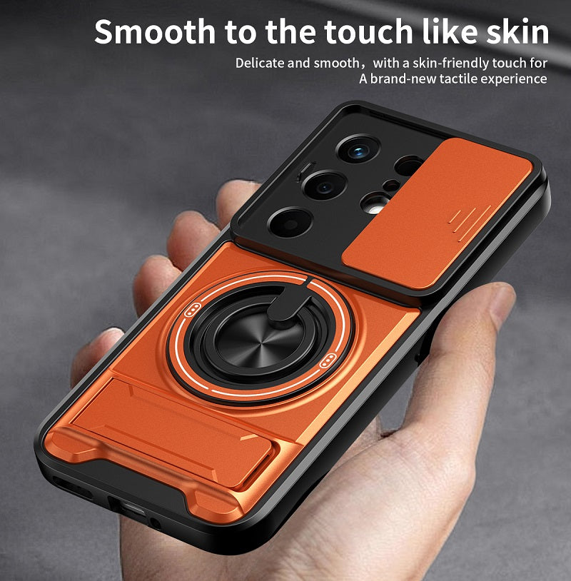 Luxury Slide Camera Lens Cover Case for Tecno Camon 50 4G, Built-in Ring Stand and Folding Stand Magnetic Protective Case