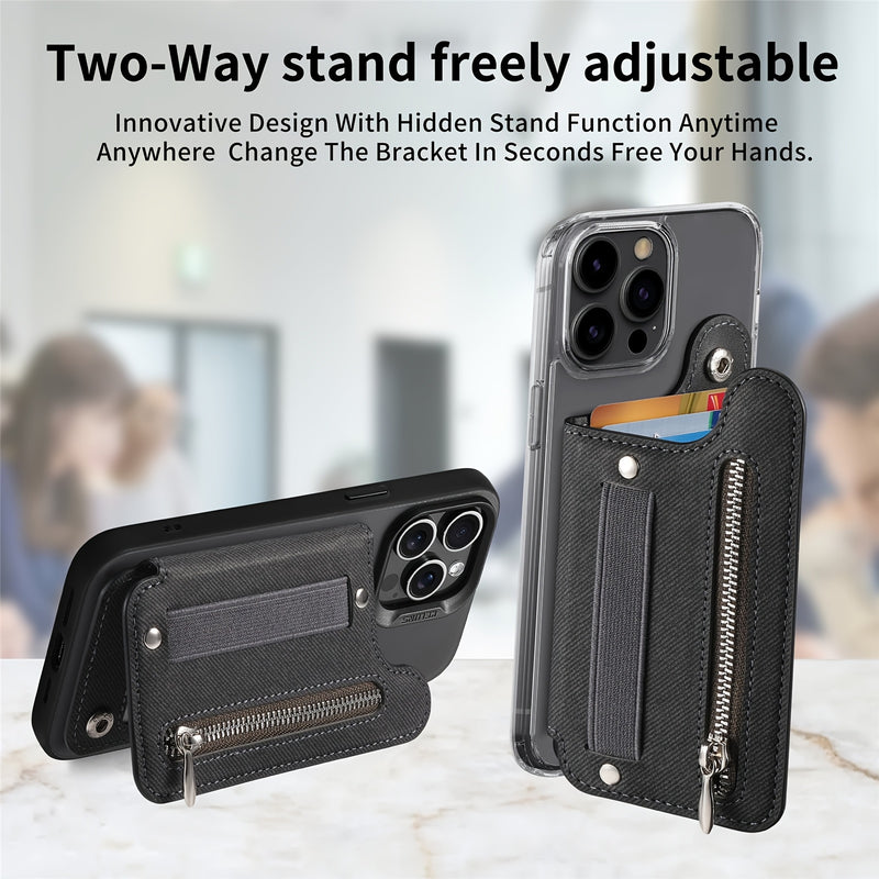 Adhesive Phone Back Card Holder RFID-Blocking Zipper Wallet with Stand
