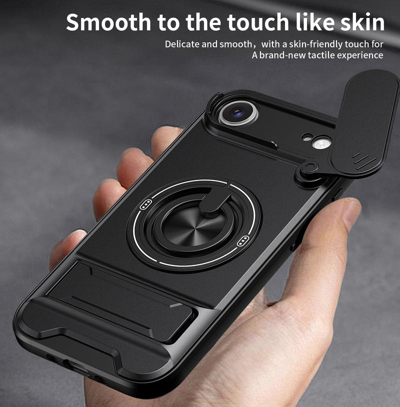 Luxury Slide Camera Lens Cover Case for iPhone 17 Air, Built-in Ring Stand and Folding Stand Magnetic Protective Case