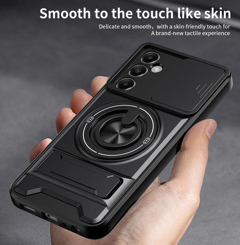 Luxury Slide Camera Lens Cover Case for Samsung Galaxy A05S 4G, Built-in Ring Stand and Folding Stand Magnetic Protective Case