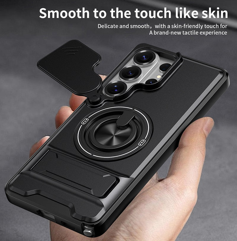 Luxury Slide Camera Lens Cover Case for Samsung Galaxy S26 Ultra, Built-in Ring Stand and Folding Stand Magnetic Protective Case