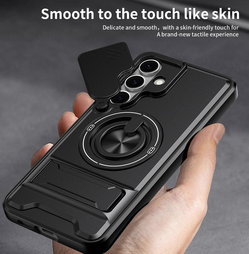 Luxury Slide Camera Lens Cover Case for Samsung Galaxy S24 FE, Built-in Ring Stand and Folding Stand Magnetic Protective Case