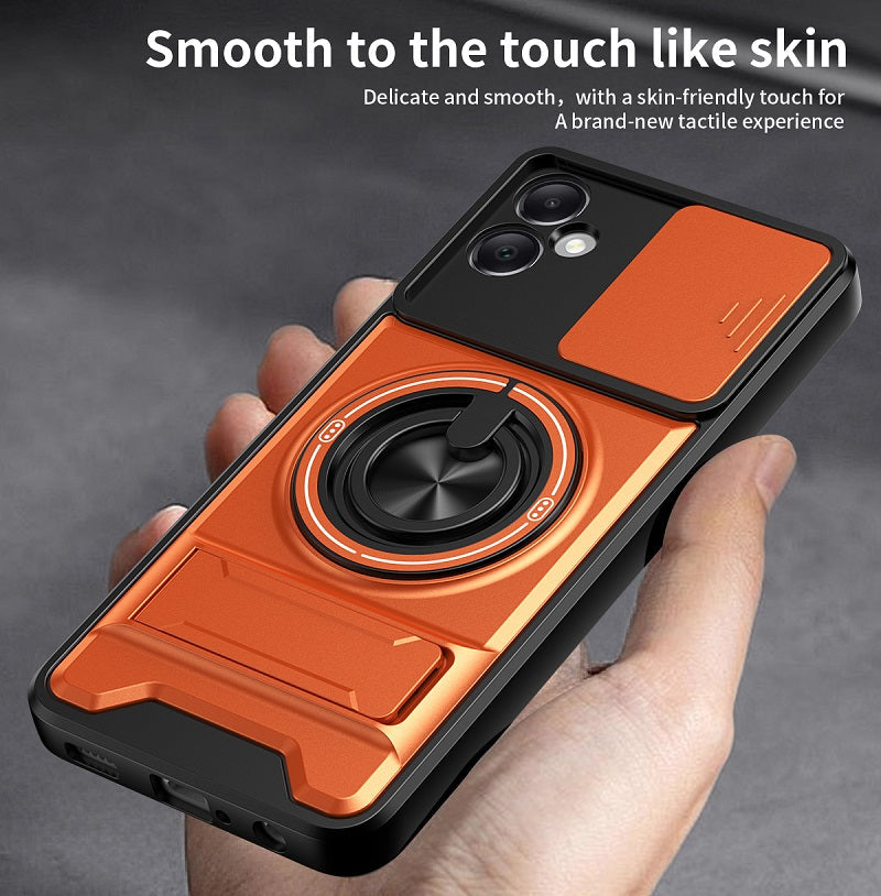 Luxury Slide Camera Lens Cover Case for Samsung Galaxy A05 4G, Built-in Ring Stand and Folding Stand Magnetic Protective Case