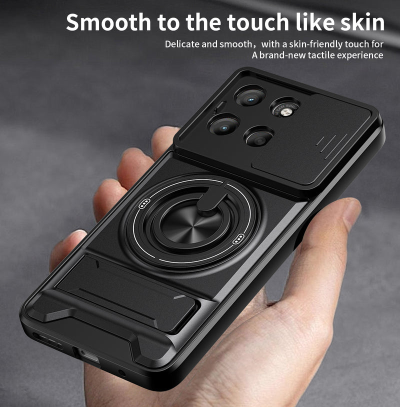 Luxury Slide Camera Lens Cover Case for Motorola Moto G15 4G, Built-in Ring Stand and Folding Stand Magnetic Protective Case