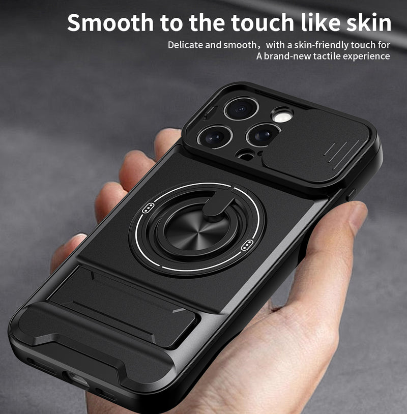 Luxury Slide Camera Lens Cover Case for iPhone 15 Pro Max, Built-in Ring Stand and Folding Stand Magnetic Protective Case