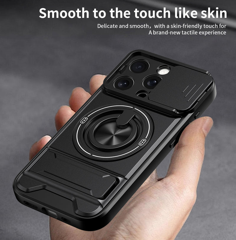 Luxury Slide Camera Lens Cover Case for iPhone 15 Pro, Built-in Ring Stand and Folding Stand Magnetic Protective Case
