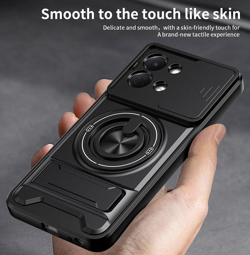Luxury Slide Camera Lens Cover Case for Tecno Spark Go 3, Built-in Ring Stand and Folding Stand Magnetic Protective Case
