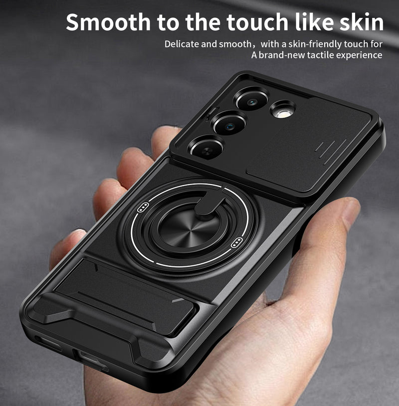 Luxury Slide Camera Lens Cover Case for OPPO Realme C83 5G, Built-in Ring Stand and Folding Stand Magnetic Protective Case