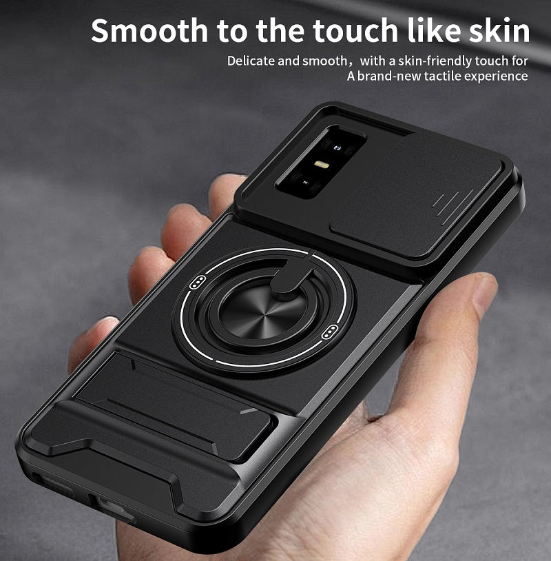 Luxury Slide Camera Lens Cover Case for Infinix GT 30 Pro 5G, Built-in Ring Stand and Folding Stand Magnetic Protective Case