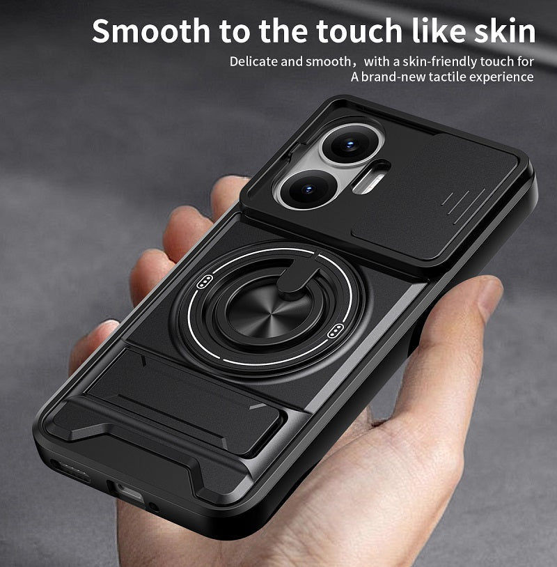 Luxury Slide Camera Lens Cover Case for Xiaomi Redmi Turbo 4 Pro/Poco F7, Built-in Ring Stand and Folding Stand Magnetic Protective Case