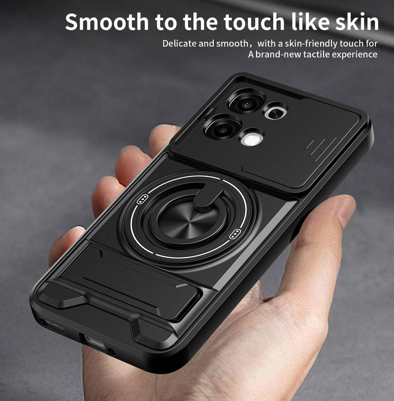 Luxury Slide Camera Lens Cover Case for OPPO A6 Pro 5G/4G, Built-in Ring Stand and Folding Stand Magnetic Protective Case