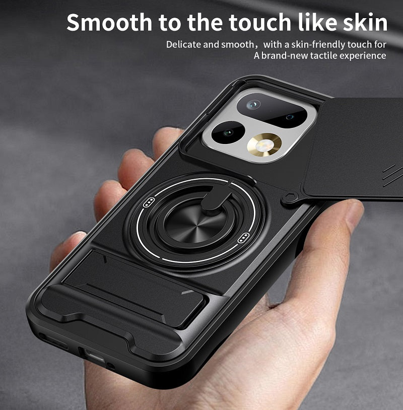 Luxury Slide Camera Lens Cover Case for OPPO Realme 16 Pro 5G, Built-in Ring Stand and Folding Stand Magnetic Protective Case