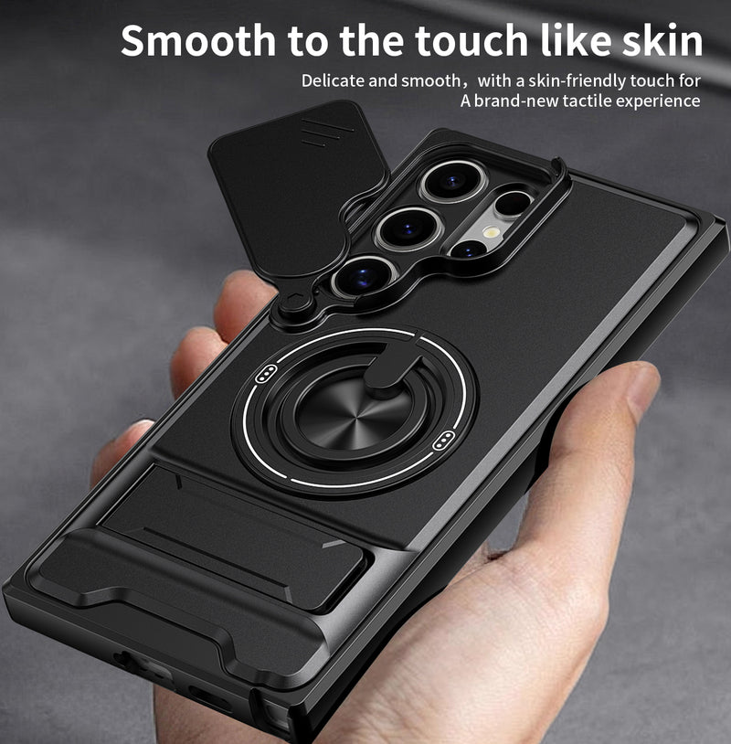 Luxury Slide Camera Lens Cover Case for Samsung Galaxy S24 Ultra, Built-in Ring Stand and Folding Stand Magnetic Protective Case