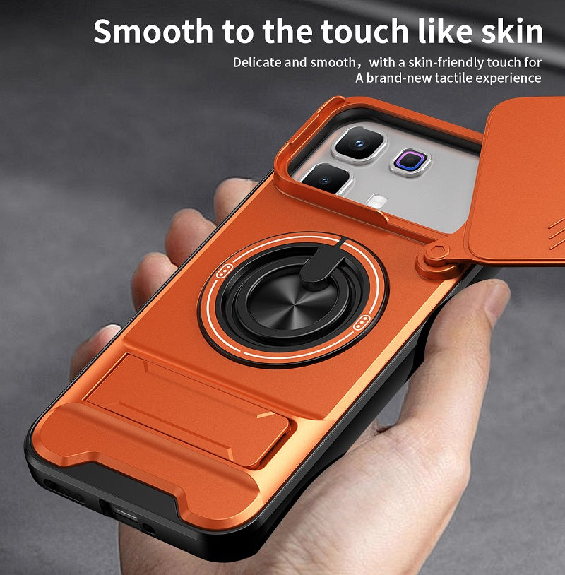 Luxury Slide Camera Lens Cover Case for Infinix Note 60 Pro 5G, Built-in Ring Stand and Folding Stand Magnetic Protective Case
