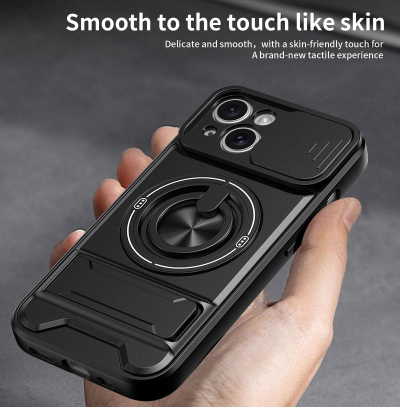 Luxury Slide Camera Lens Cover Case for iPhone 15, Built-in Ring Stand and Folding Stand Magnetic Protective Case