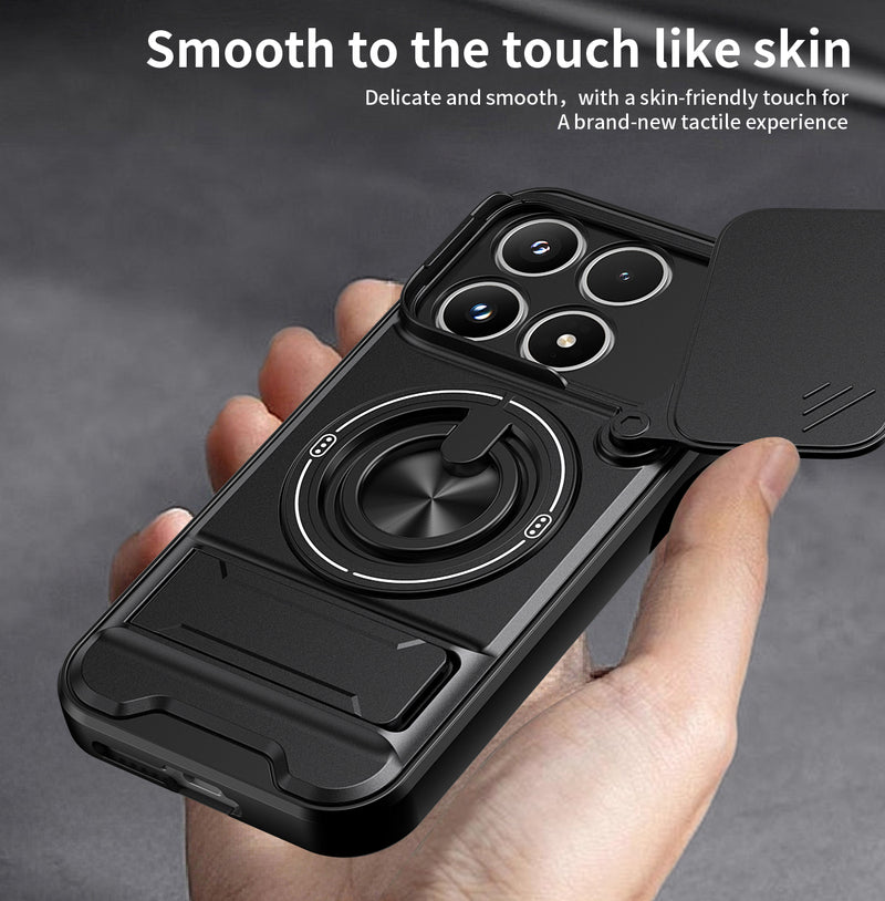 Luxury Slide Camera Lens Cover Case for Xiaomi 17, Built-in Ring Stand and Folding Stand Magnetic Protective Case