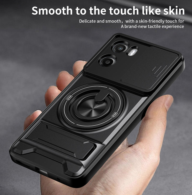 Luxury Slide Camera Lens Cover Case for Motorola Moto G05 4G, Built-in Ring Stand and Folding Stand Magnetic Protective Case
