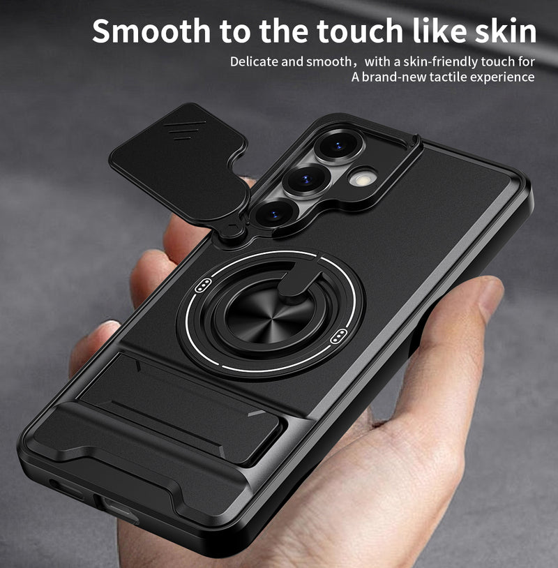 Luxury Slide Camera Lens Cover Case for Samsung Galaxy S25 Plus, Built-in Ring Stand and Folding Stand Magnetic Protective Case