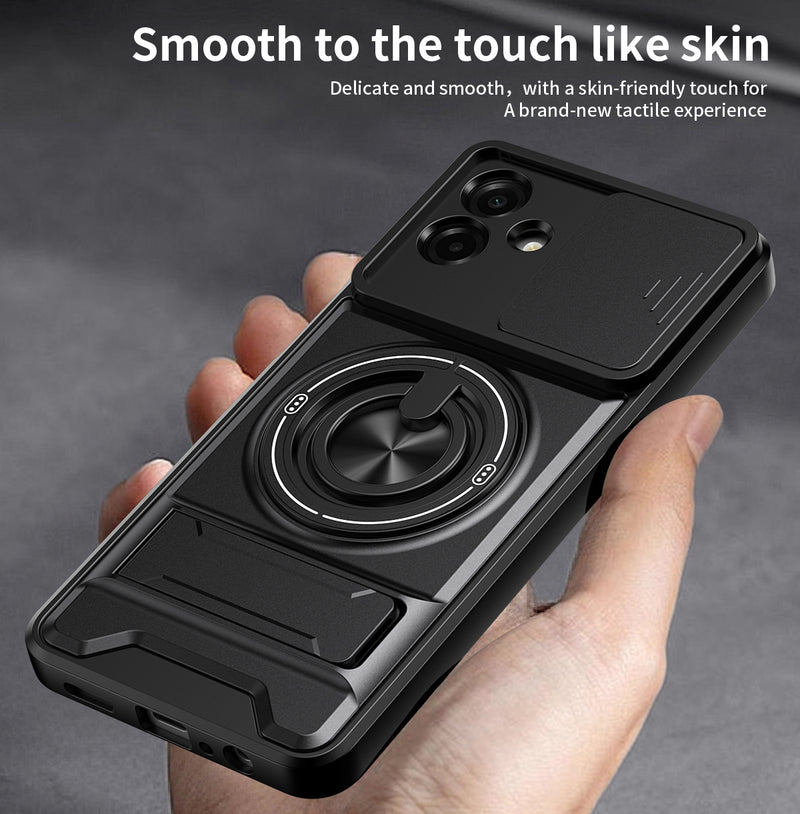 Luxury Slide Camera Lens Cover Case for Samsung Galaxy A07 4G, Built-in Ring Stand and Folding Stand Magnetic Protective Case