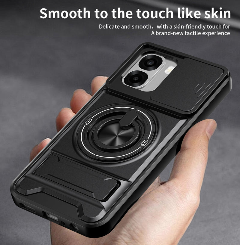 Luxury Slide Camera Lens Cover Case for OPPO A6X 5G/4G, Built-in Ring Stand and Folding Stand Magnetic Protective Case