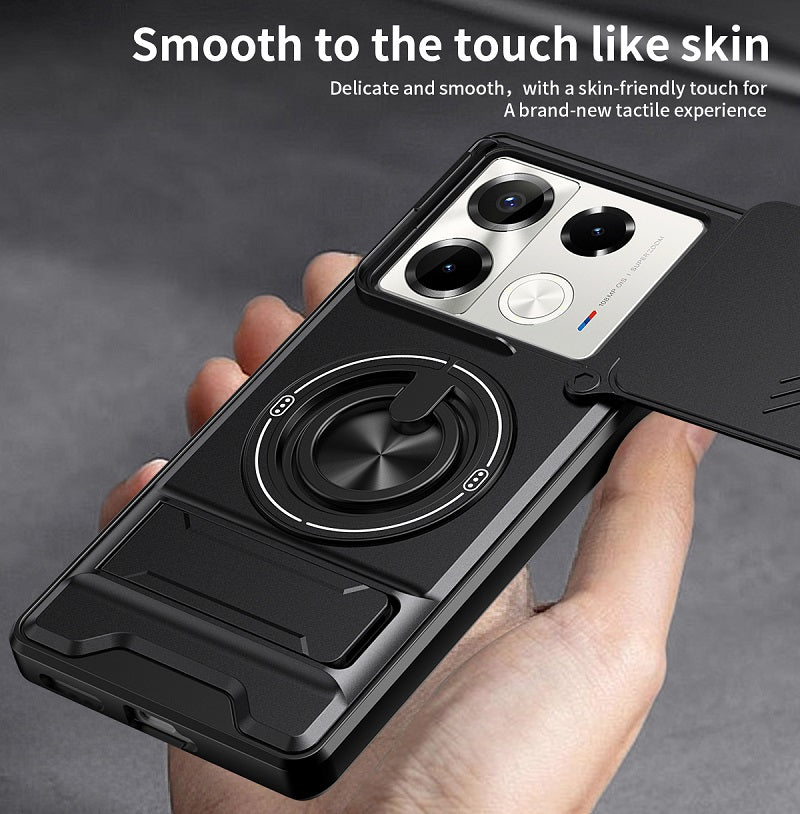 Luxury Slide Camera Lens Cover Case for Infinix Note 40 Pro 5G/4G, Built-in Ring Stand and Folding Stand Magnetic Protective Case