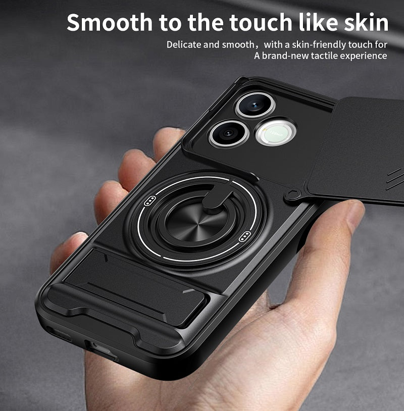 Luxury Slide Camera Lens Cover Case for Honor 600 Lite, Built-in Ring Stand and Folding Stand Magnetic Protective Case