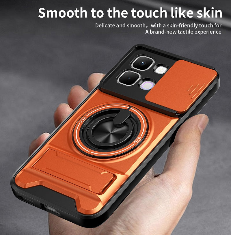 Luxury Slide Camera Lens Cover Case for Infinix Note Edge 5G, Built-in Ring Stand and Folding Stand Magnetic Protective Case