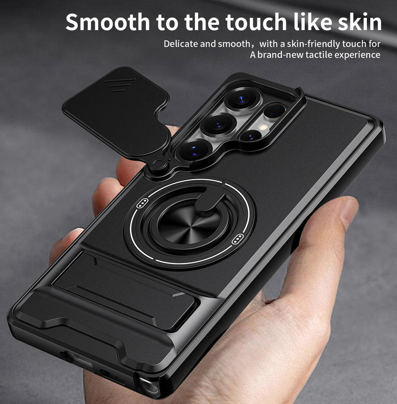 Luxury Slide Camera Lens Cover Case for Samsung Galaxy S25 Ultra, Built-in Ring Stand and Folding Stand Magnetic Protective Case