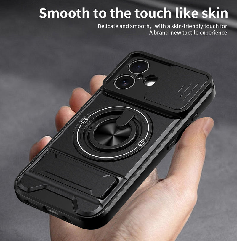 Luxury Slide Camera Lens Cover Case for iPhone 16, Built-in Ring Stand and Folding Stand Magnetic Protective Case