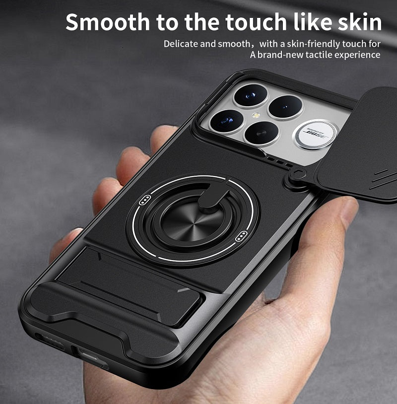 Luxury Slide Camera Lens Cover Case for Xiaomi Poco F8 Ultra, Built-in Ring Stand and Folding Stand Magnetic Protective Case