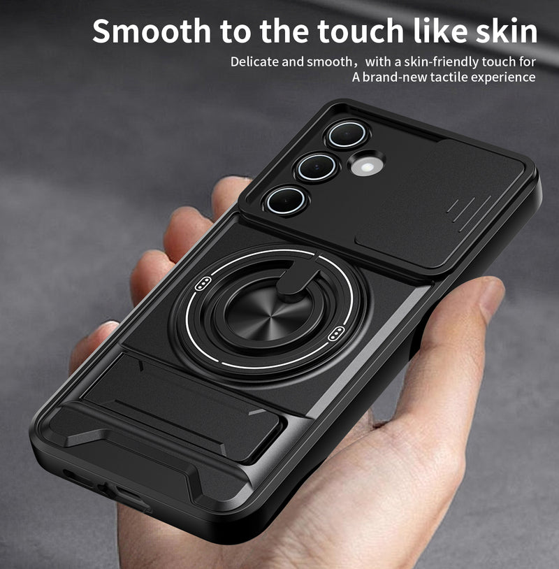 Luxury Slide Camera Lens Cover Case for Samsung Galaxy A55 5G, Built-in Ring Stand and Folding Stand Magnetic Protective Case