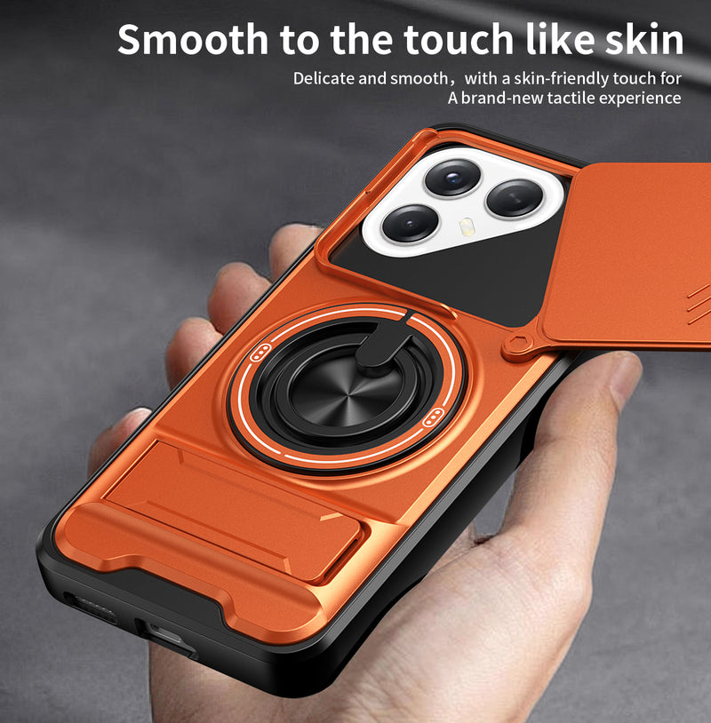 Luxury Slide Camera Lens Cover Case for Tecno Pova 7 Ultra 5G, Built-in Ring Stand and Folding Stand Magnetic Protective Case
