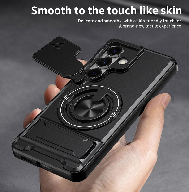 Luxury Slide Camera Lens Cover Case for Samsung Galaxy S25, Built-in Ring Stand and Folding Stand Magnetic Protective Case