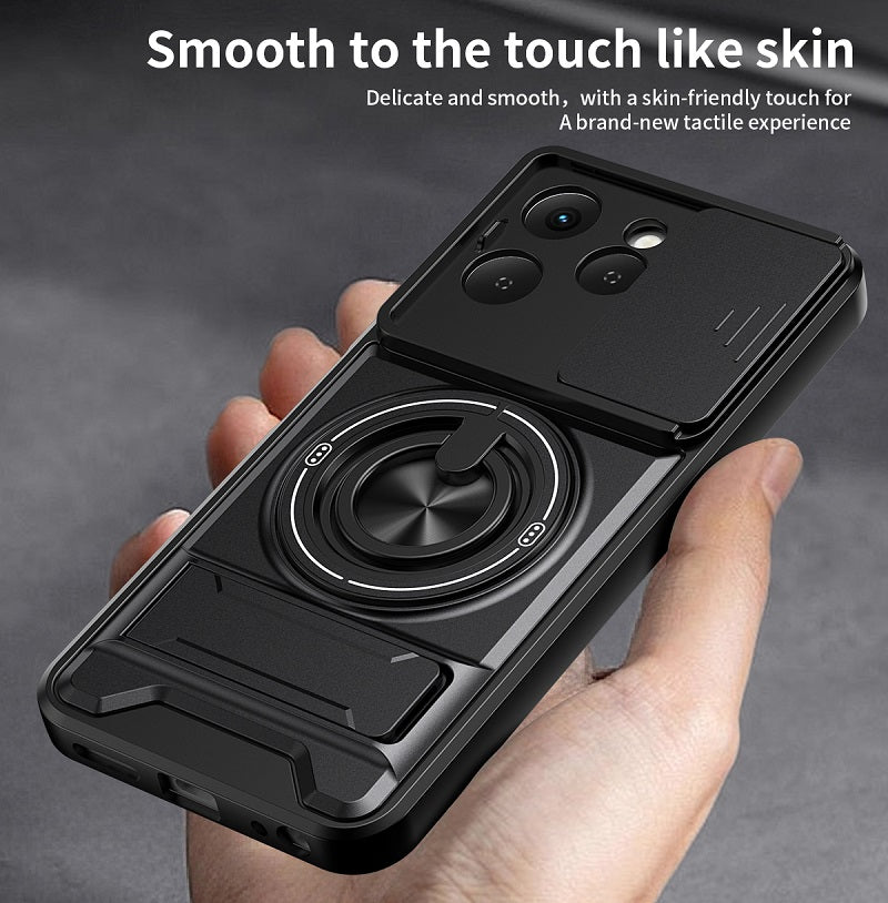 Luxury Slide Camera Lens Cover Case for Tecno Spark 40 4G, Built-in Ring Stand and Folding Stand Magnetic Protective Case