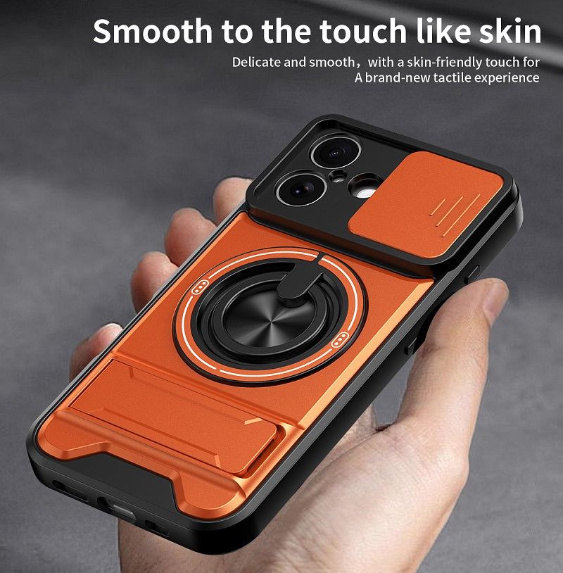 Luxury Slide Camera Lens Cover Case for iPhone 17, Built-in Ring Stand and Folding Stand Magnetic Protective Case