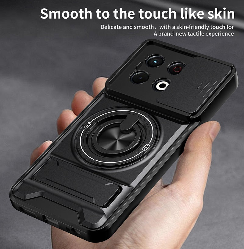 Luxury Slide Camera Lens Cover Case for Tecno Spark 30 Pro 4G, Built-in Ring Stand and Folding Stand Magnetic Protective Case